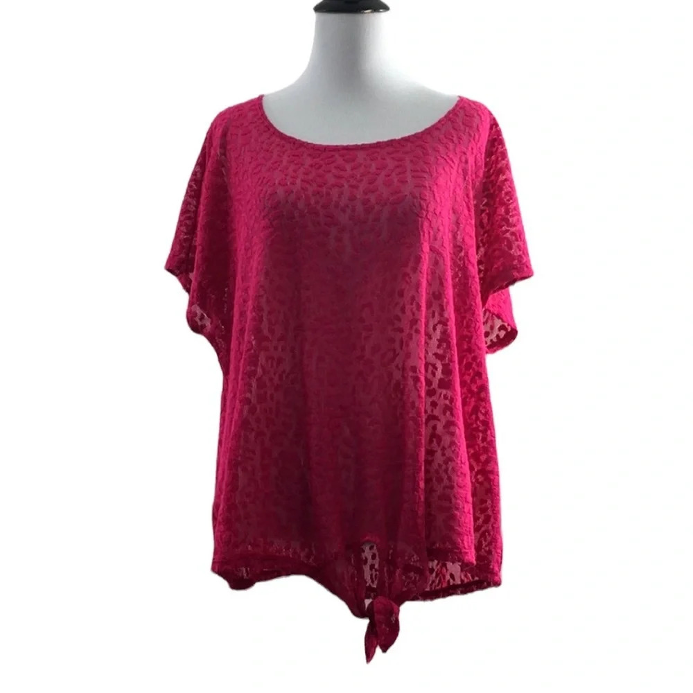 Chico's Pink Animal Print Lace Tie Waist Blouse Womens 3 XL Short Sleeve